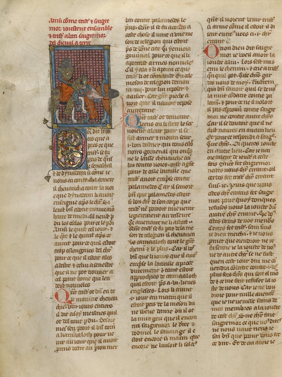 Tristan Unhorsing Sagremor autorstwa Jeanne de Montbaston