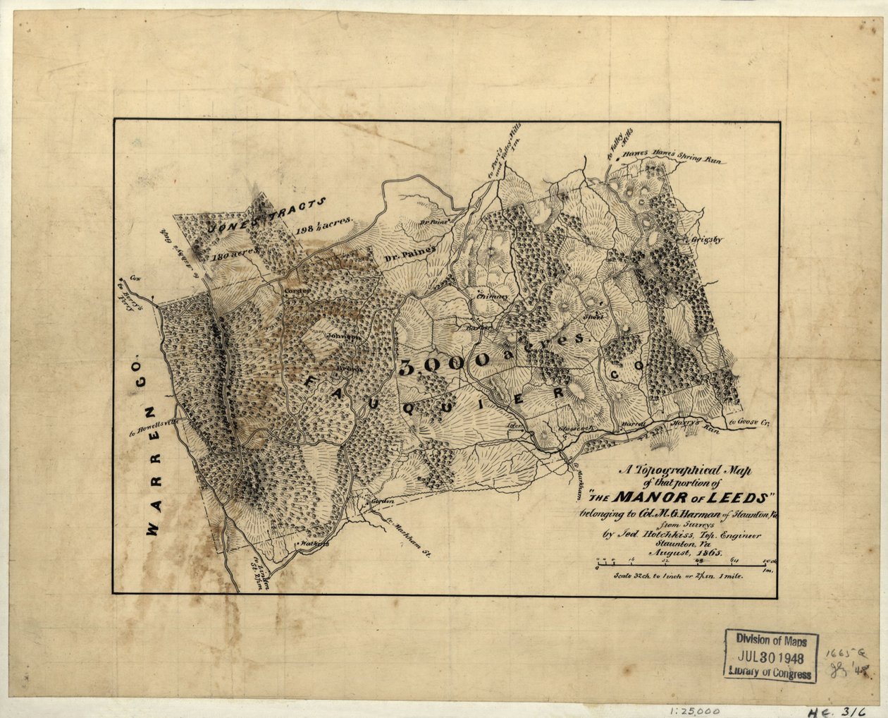 Mapa topograficzna części "The Manor of Leeds" należącej do pułkownika M.G. Harmana ze Staunton, Va. LOC 2005625200 autorstwa Jedediah Hotchkiss