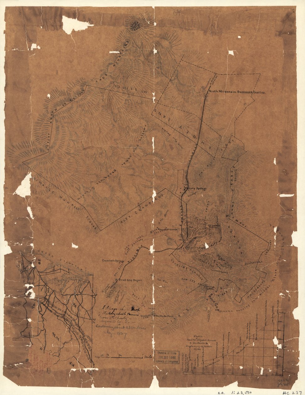 Mapa topograficzna posiadłości żelaznej Elizabeth Furnace, Augusta Co., Va., zawierająca około 6250 akrów, sierpień 1867. LOC 2005625144 autorstwa Jedediah Hotchkiss