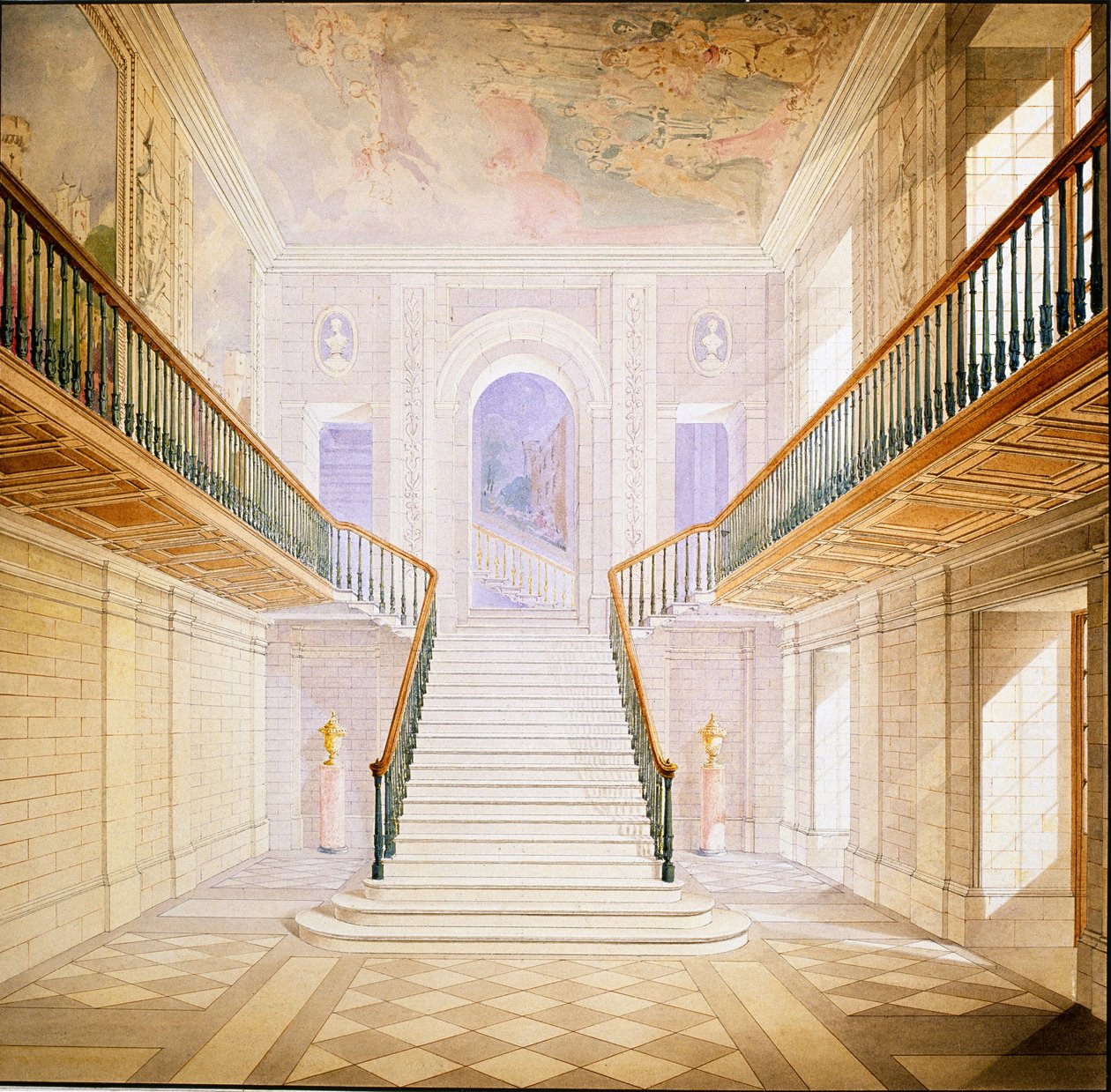 Projekt klatki schodowej w Sali Malowanej, Chatsworth (akwarela na papierze) autorstwa Jeffry Wyatville
