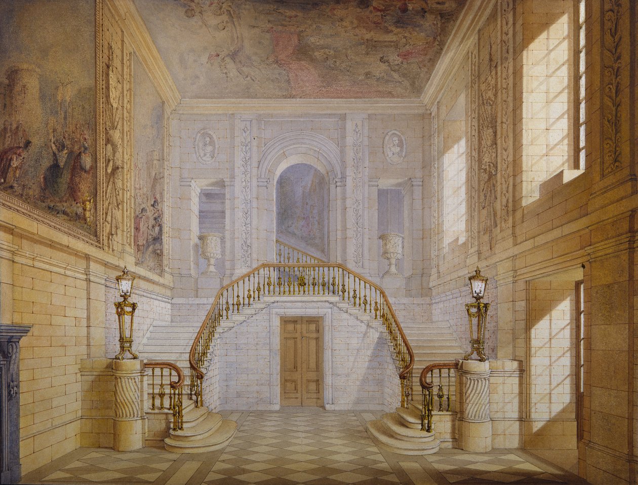 Projekt klatki schodowej w Sali Malowanej, Chatsworth (akwarela na papierze) autorstwa Jeffry Wyatville