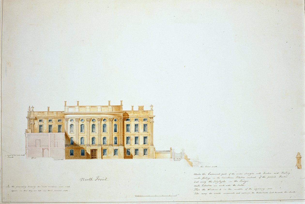 Projekt elewacji północnej, Chatsworth House (akwarela na papierze) autorstwa Jeffry Wyatville