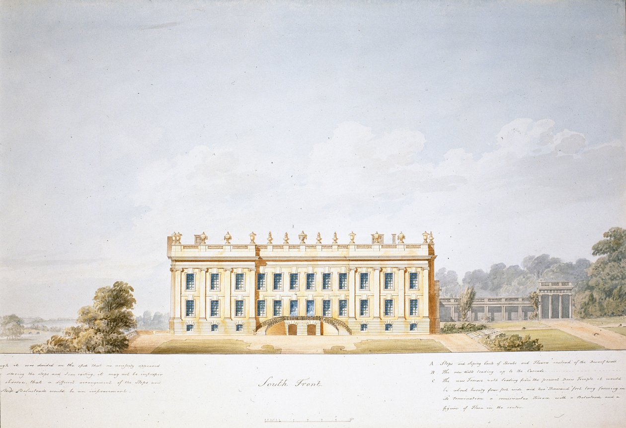 Projekt dla frontu południowego, Chatsworth House (akwarela na papierze) autorstwa Jeffry Wyatville
