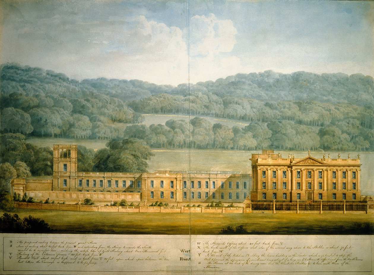 Zachodni front Chatsworth House (akwarela na papierze) autorstwa Jeffry Wyatville