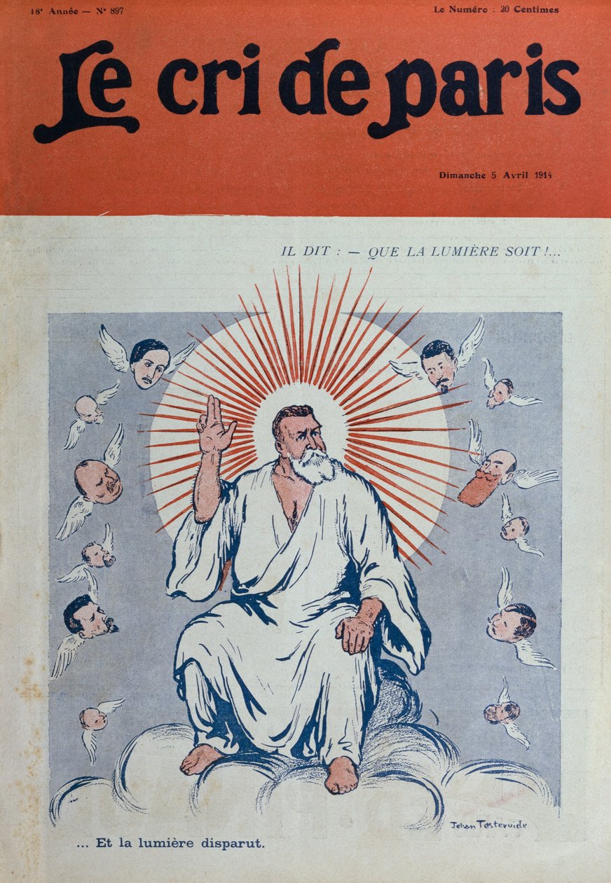 Karykatura Jeana Jauresa jako Boga Ojca, ilustracja na okładce z „Le Cri de Paris”, 5 kwietnia 1914 autorstwa Jehan Testevuide