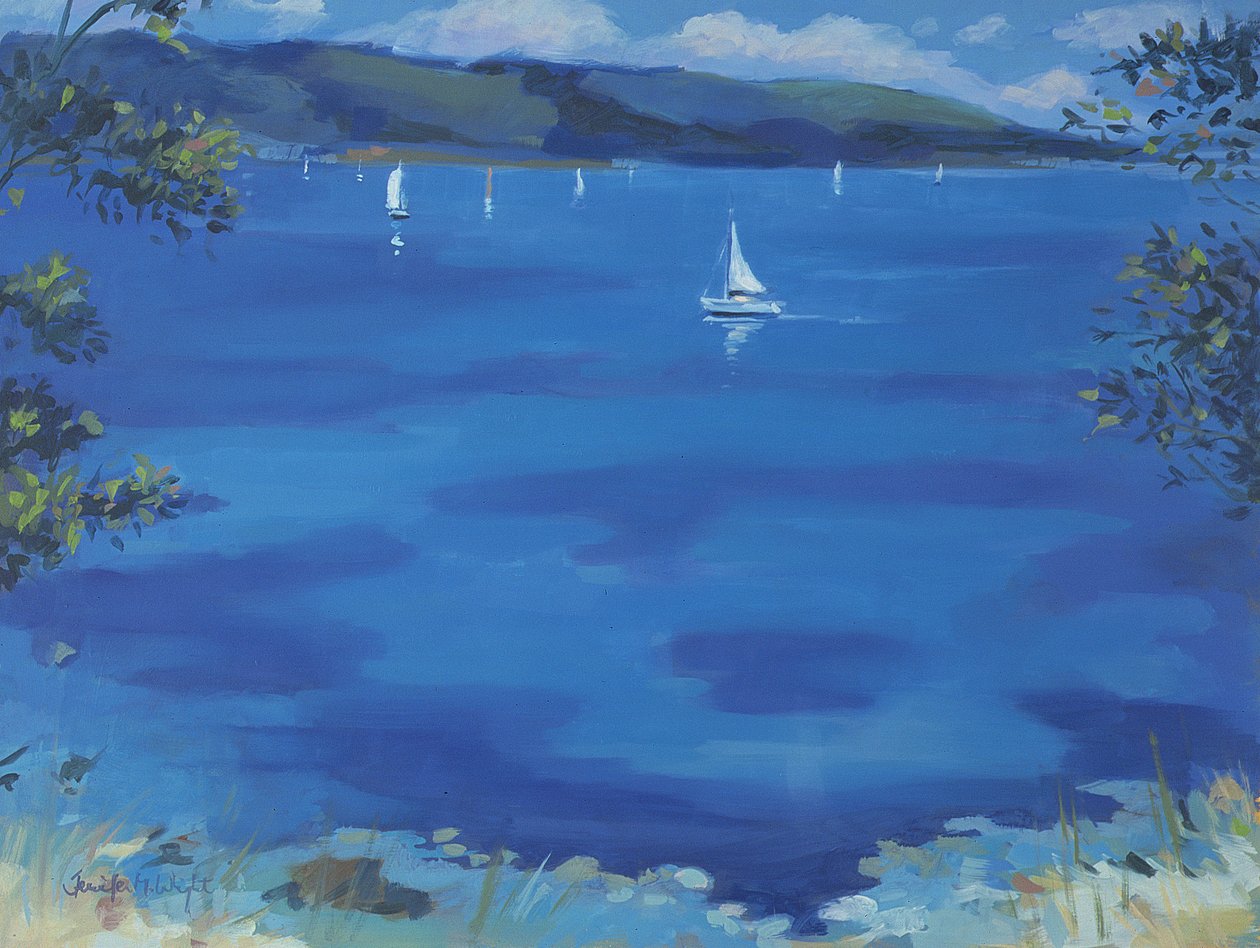 Salcombe - Błękitny poranek, 2000 r. autorstwa Jennifer Wright
