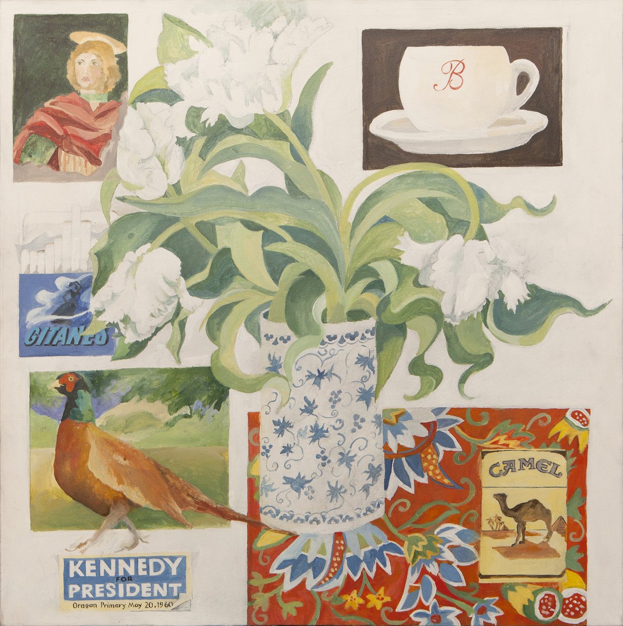 Efemerydy, w tym filiżanka do kawy, paczki papierosów, pocztówka i tulipany autorstwa Jennifer Abbott