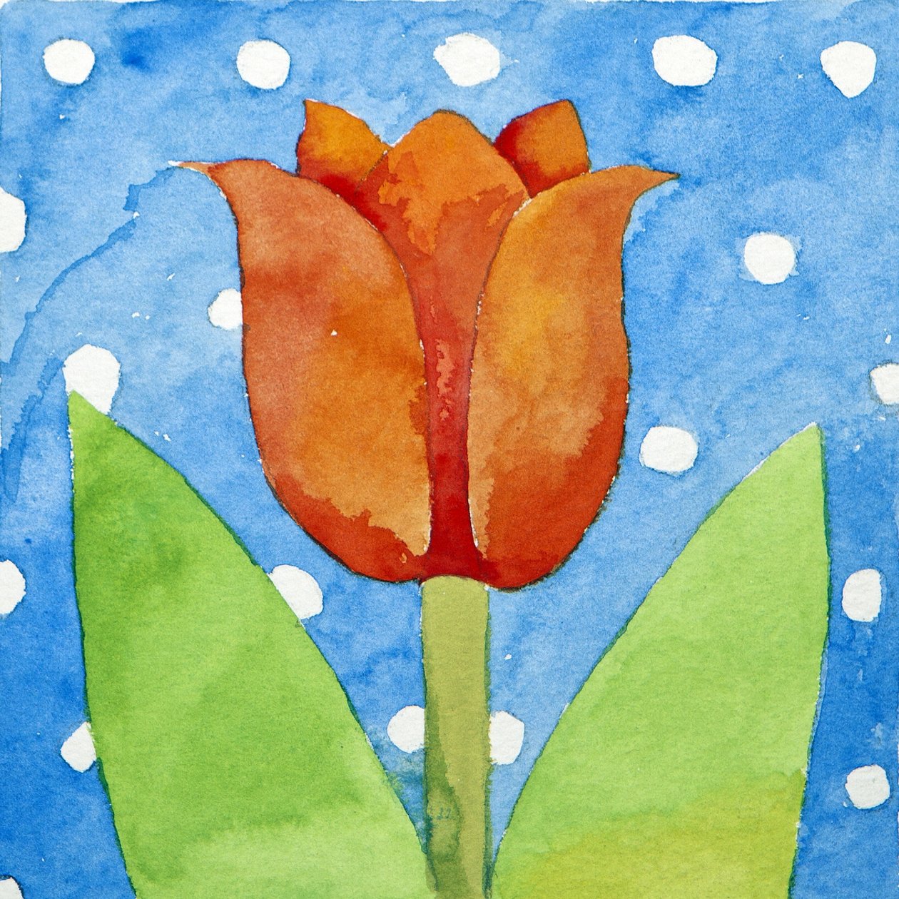 Tulipan, niebieskie tło z białymi plamkami, 2013 (akwarela) autorstwa Jennifer Abbott