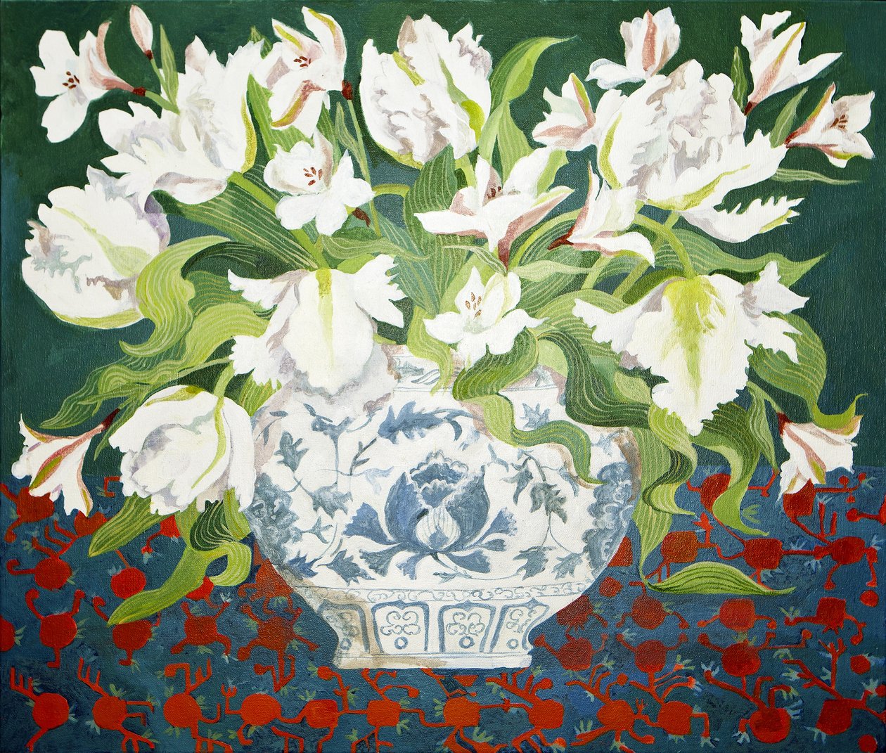 Białe podwójne tulipany i alstremerie, 2013 (akryl na płótnie) autorstwa Jennifer Abbott
