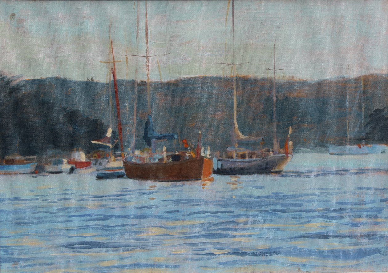 Jachty wieczorowe Salcombe , olej na pokładzie , 2016 autorstwa Jennifer Wright