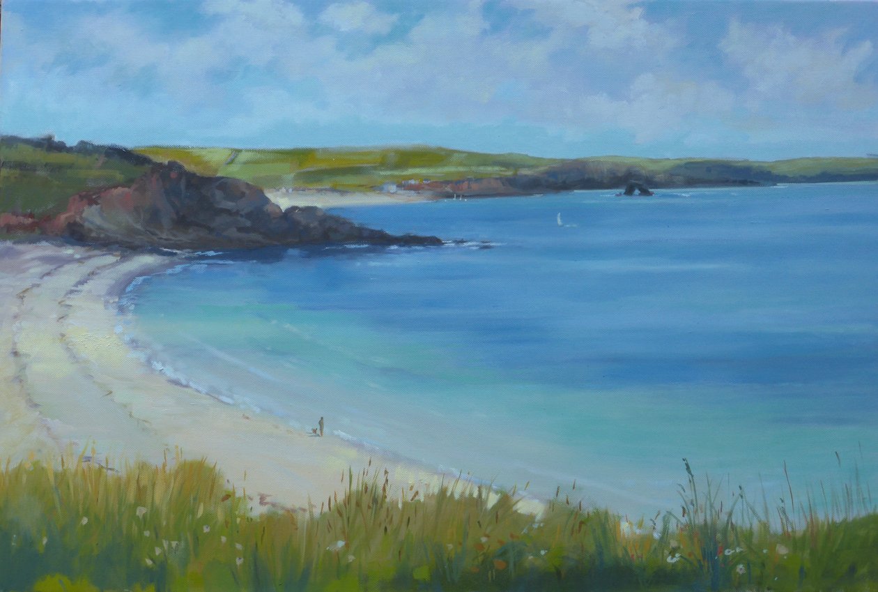 Plaża Thurlestone, spokojny letni dzień, 2016, olej. autorstwa Jennifer Wright