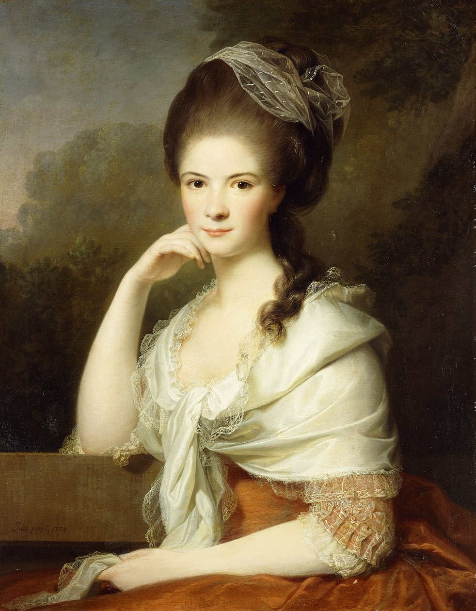 Portret damy siedzącej do połowy długości, ubranej w brązową sukienkę i biały szal, 1778 autorstwa Jens Juel