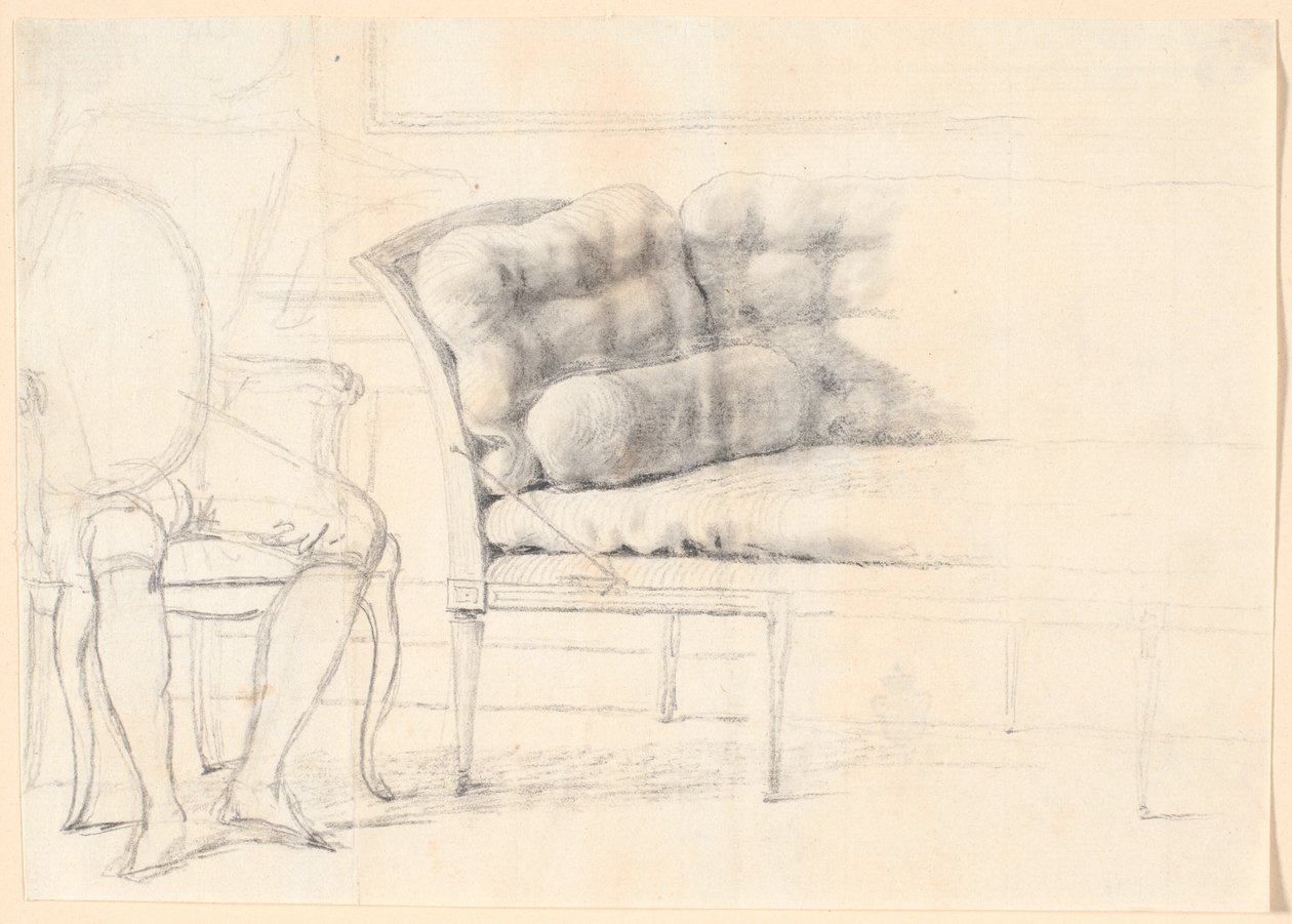 Studium do portretu rodziny Holmskioldów z 1787 r.: tapicerowana sofa, a po lewej krzesło z nakreśloną postacią Holmskiolda autorstwa Jens Juel