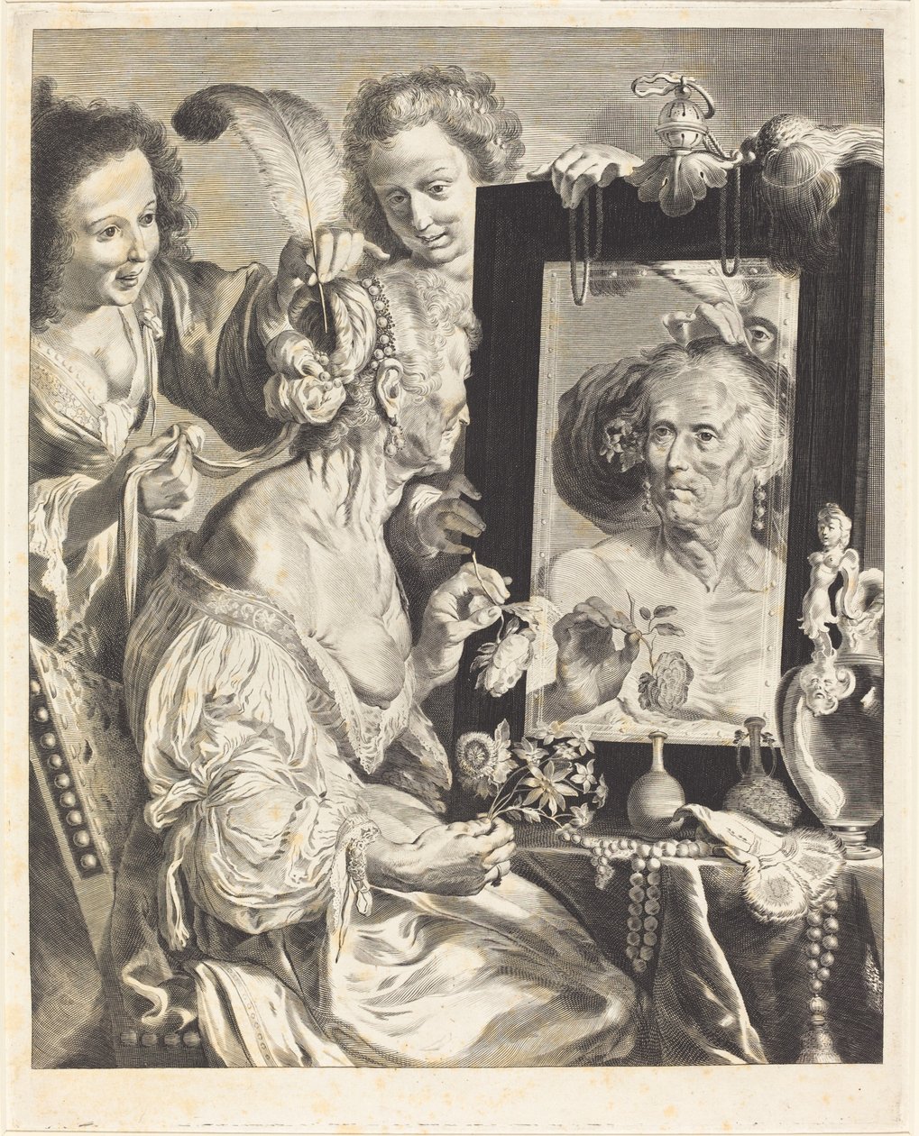 Stara kobieta przy toaletce autorstwa Jeremias Falck after Johann Liss after Bernardo Strozzi