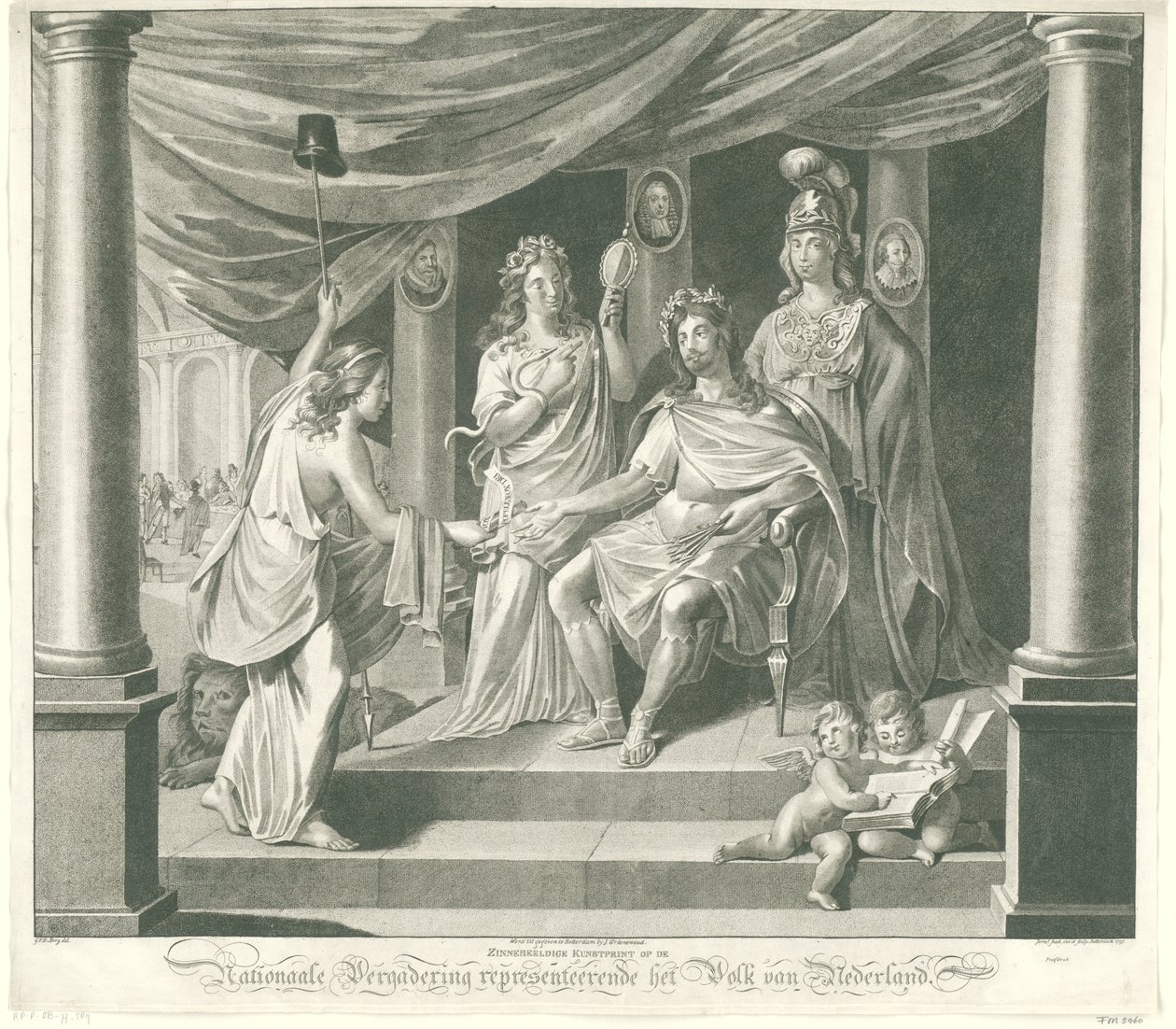 Alegoria na Zgromadzeniu Narodowym, 1796 Symboliczny druk artystyczny w Zgromadzeniu Narodowym reprezentujący naród holenderski (tytuł na obiekcie) autorstwa Jeremias Snoek