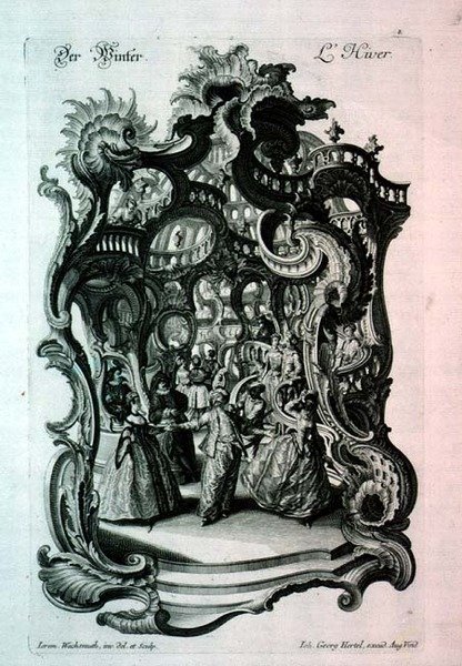 Zimowe, rokokowe nuty przedstawiające bal przebierańców, pub. autorstwa Johanna Georga Hertel autorstwa Jeremias Wachsmuth