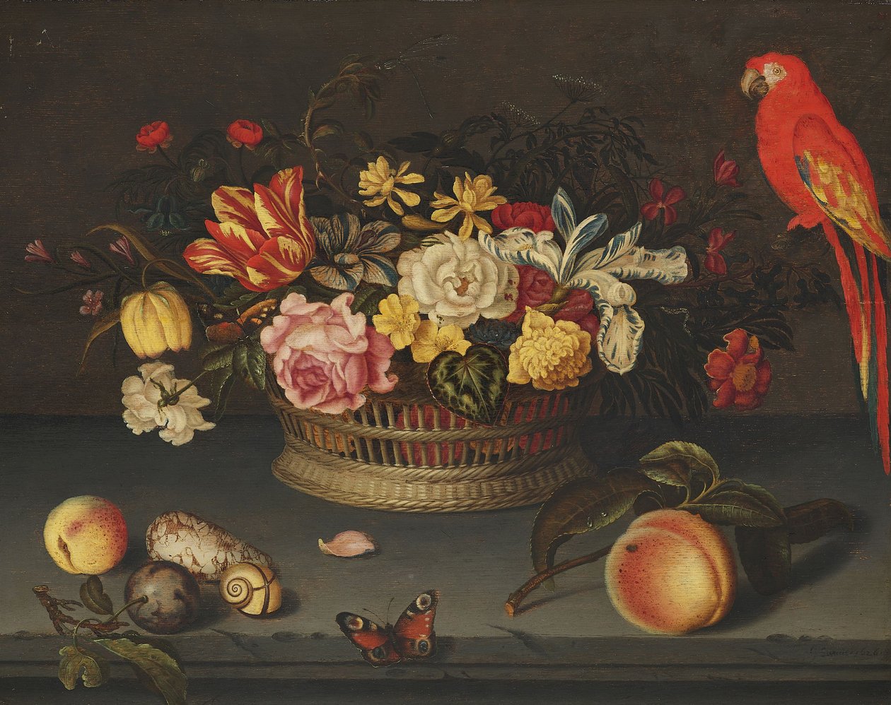 Martwa natura z koszem kwiatów i papugą autorstwa Jeronimus Sweerts
