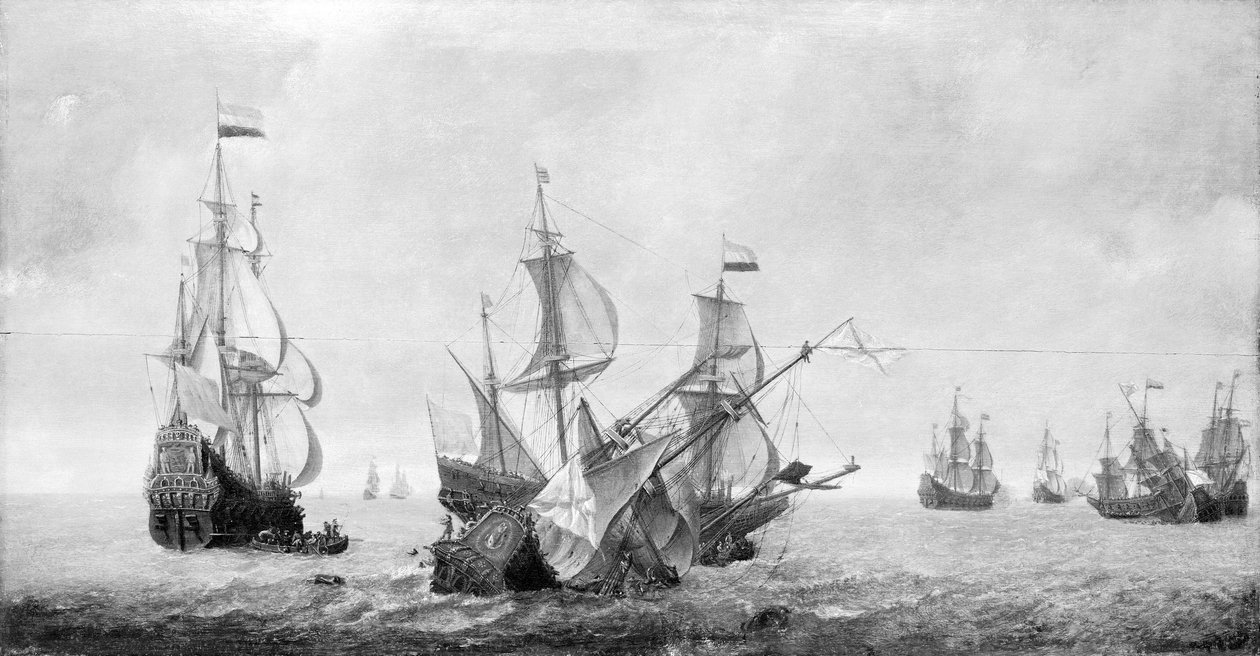 Statek "Eendracht", na pierwszym planie po lewej, pływający pod holenderską banderą. Olej na płótnie, połowa XVII wieku, autor: Jeronimus van Diest (około 1631-po 1675). autorstwa Jeronimus van Diest