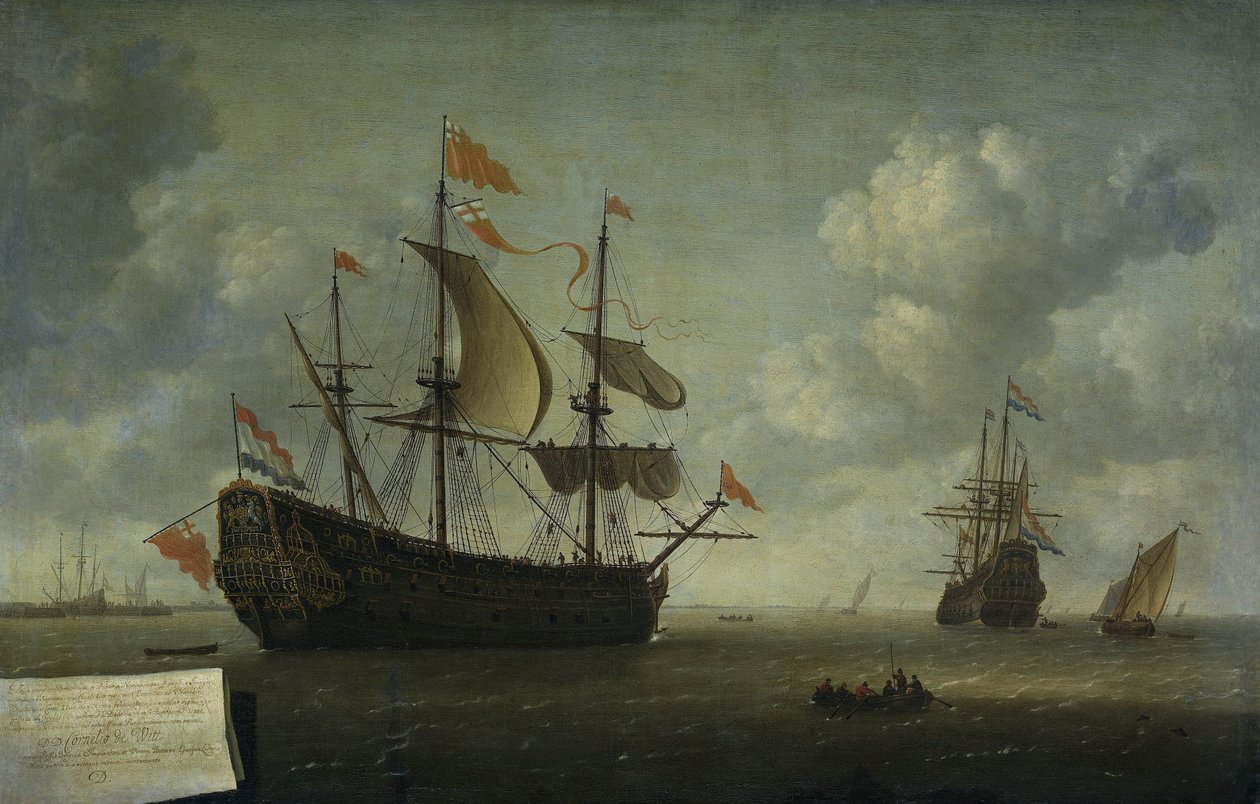Przybycie Royal Charles Przybycie angielskiego okrętu flagowego „Royal Charles” w Hellevoetsluis, schwytanego podczas holenderskiego nalotu na Medway, czerwiec 1667 autorstwa Jeronymus van Diest (II)