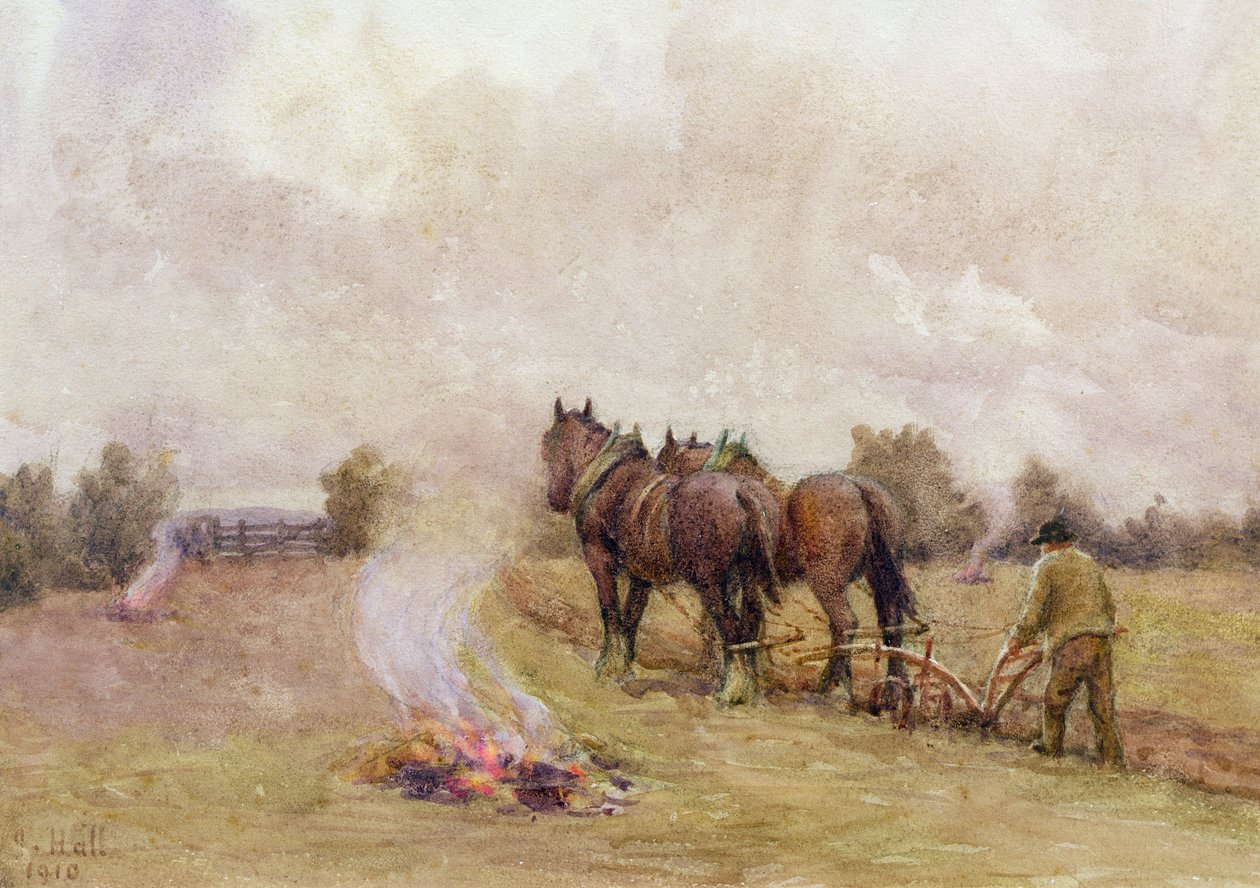 Scena orki z pożarami na polu, 1910 autorstwa Jessie Hall