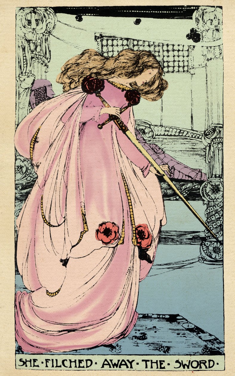 A Fada Morgane rouba a Excalibur para sua amante usá-la contra o Rei Arthur. Ilustração de Jessie Marion King (1875-1949) para o livro “" The High History of the Holy Grail by Perceval the Welsh, knight of the round table” de Sebastian Evans (1830 polonês autorstwa Jessie Marion King
