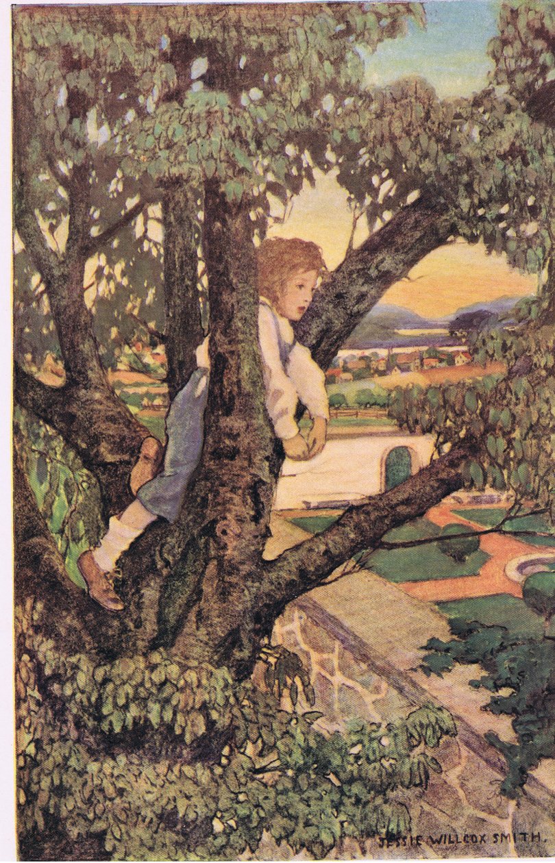 Chłopiec na drzewie, z „Ogrodu Dziecka wersetów” Roberta Louisa Stevensona, opublikowana w 1885 r. (kolor lito) autorstwa Jessie Willcox Smith