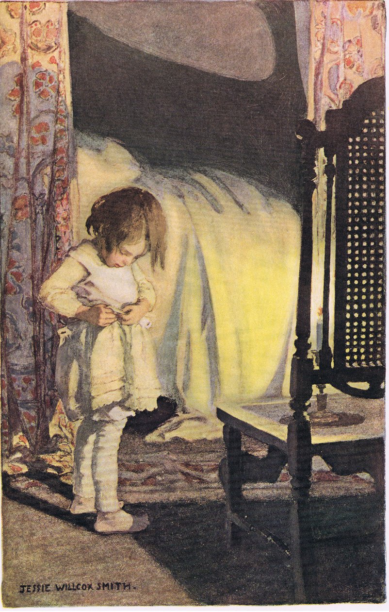 Młoda dziewczyna rozbierająca się, z „Ogrodu Dziecka wersetów” Roberta Louisa Stevensona, opublikowana w 1885 (kolor lito) autorstwa Jessie Willcox Smith