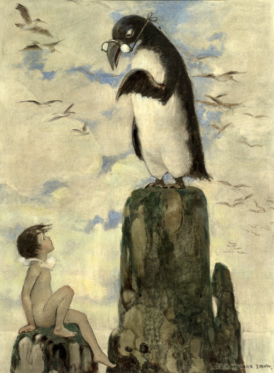 I tam zobaczył ostatniego ptaka z „Wodnych dzieci” Charlesa Kingsleya, pub. 1916 (kolor lito) autorstwa Jessie Willcox Smith