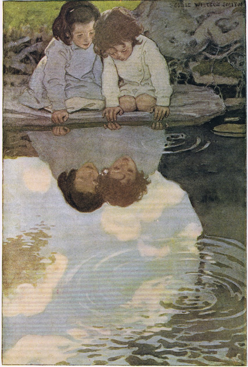 Dzieci patrzące na swoje odbicia, z „Ogrodu Dziecka wierszy” Roberta Louisa Stevensona, opublikowanej 1885 (kolor lito) autorstwa Jessie Willcox Smith