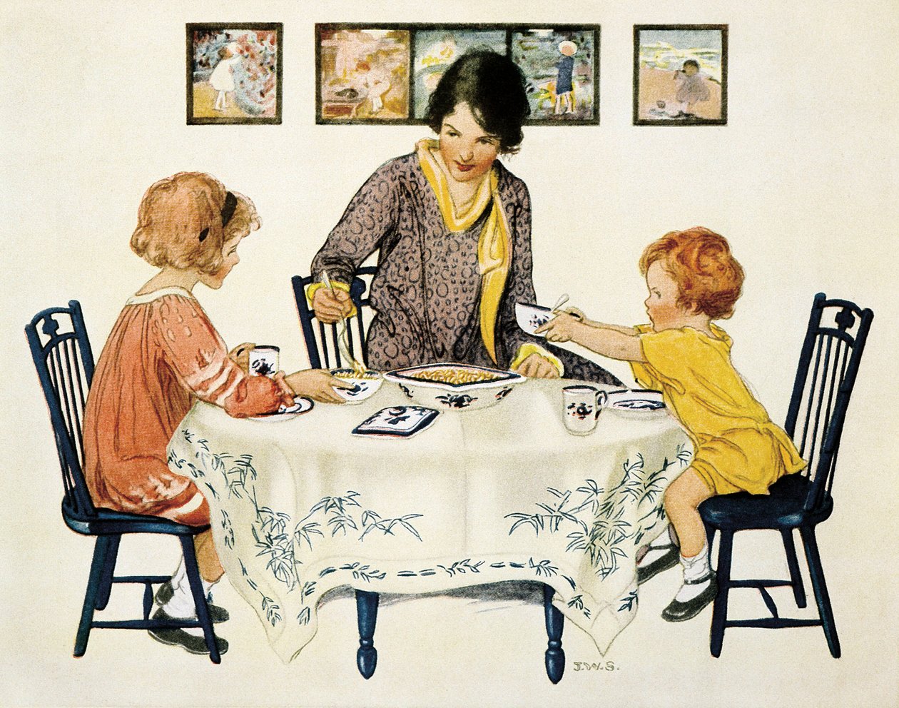 Rodzina (matka i dzieci) zebrała się wokół stołu jedząc makaron autorstwa Jessie Willcox Smith