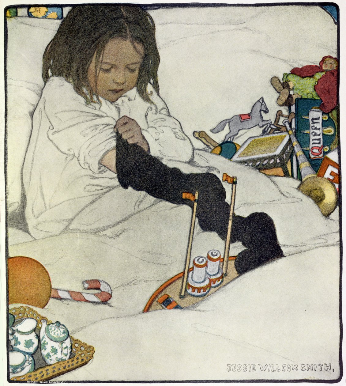 Otwarcie świątecznej skarpety autorstwa Jessie Willcox Smith