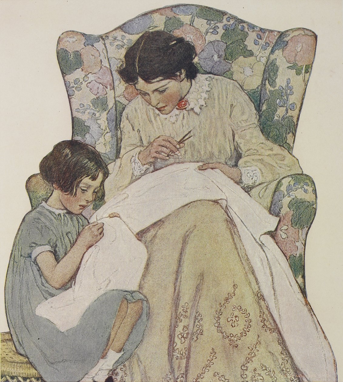 Szycie autorstwa Jessie Willcox Smith