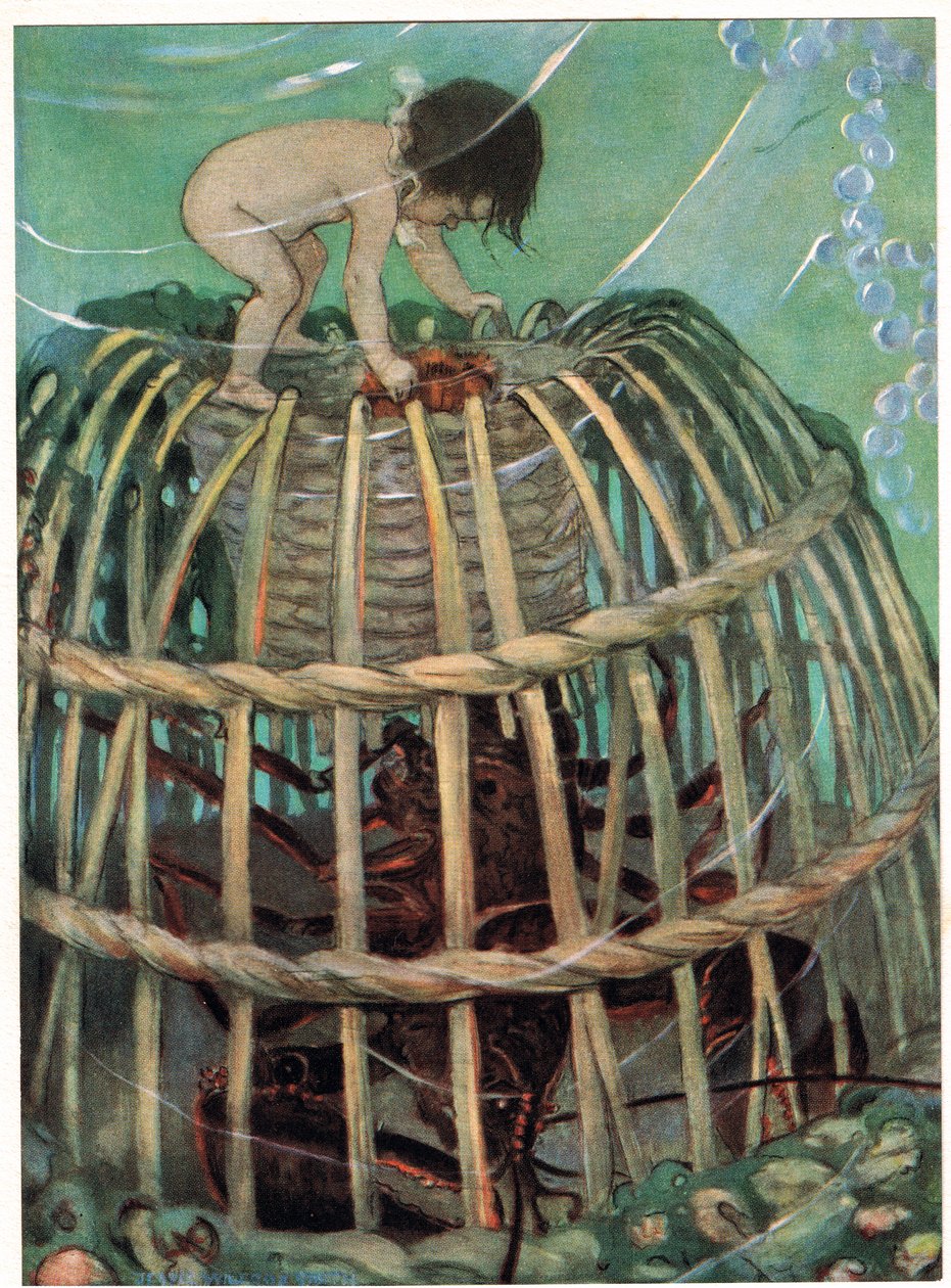 Tom i garnek na homary, ilustracja z „Wodnych dzieci” wielebnego Charlesa Kingsleya (kolor litho) autorstwa Jessie Willcox Smith