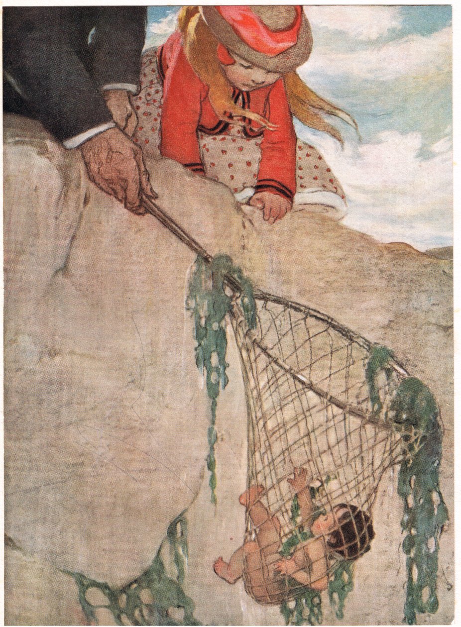 Tomek zaplątany w sieć rybacką, ilustracja z „Wodnych dzieci” wielebnego Charlesa Kingsleya (kolor lito) autorstwa Jessie Willcox Smith