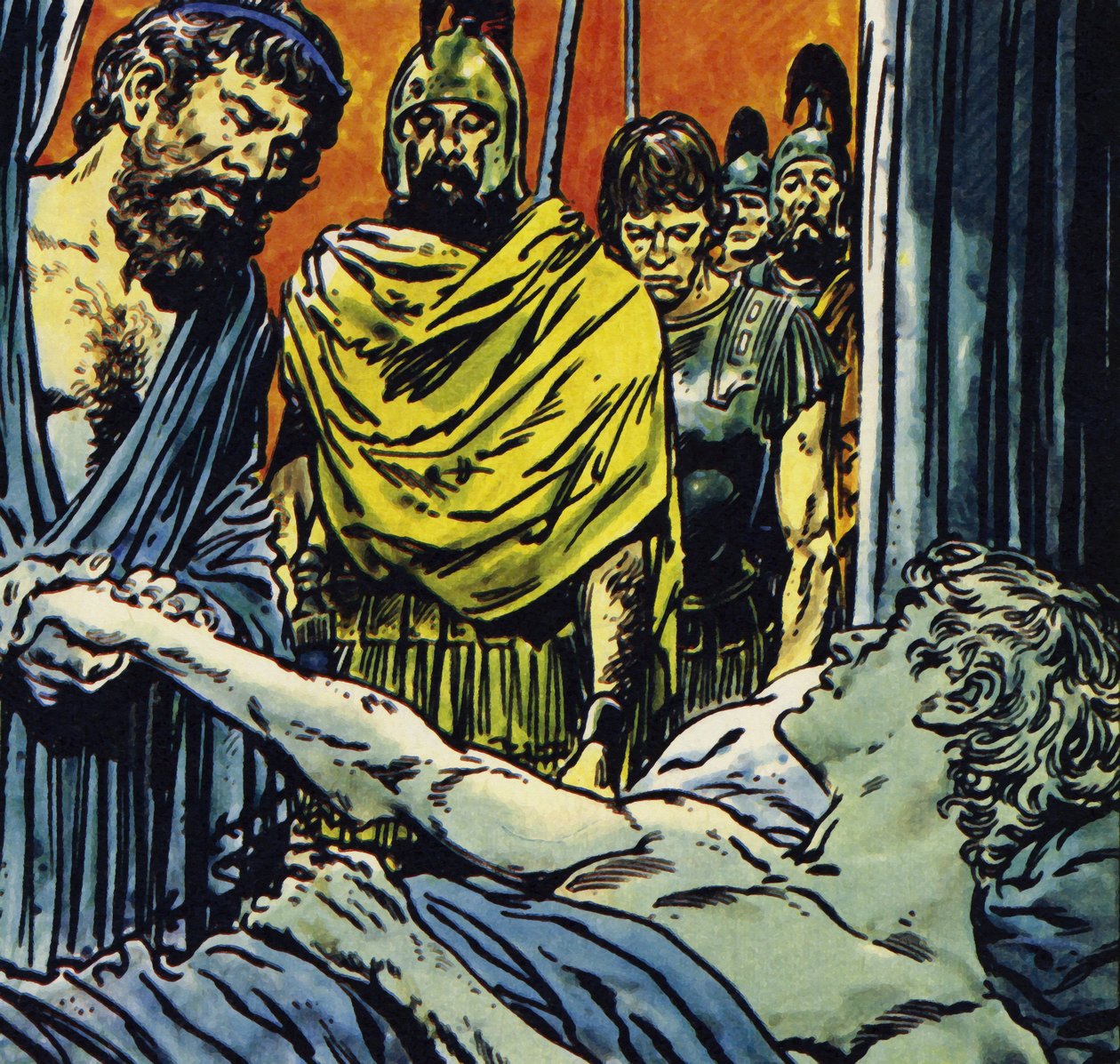 Alexander zmarł na gorączkę w 323 r., w wieku 32 lat (kolorowa litografia) autorstwa Jesus Blasco