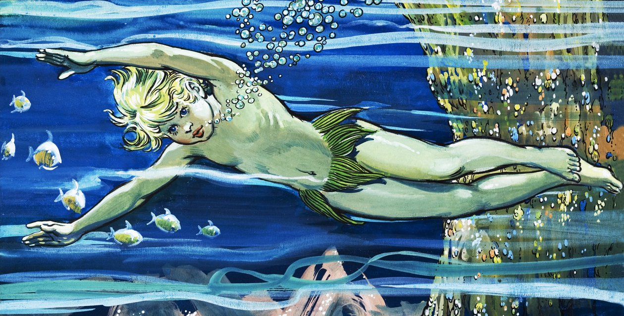 Boy Swimming, ilustracja z książki "The Water Babies" Charlesa Kingsleya (gwasz na papierze) autorstwa Jesus Blasco