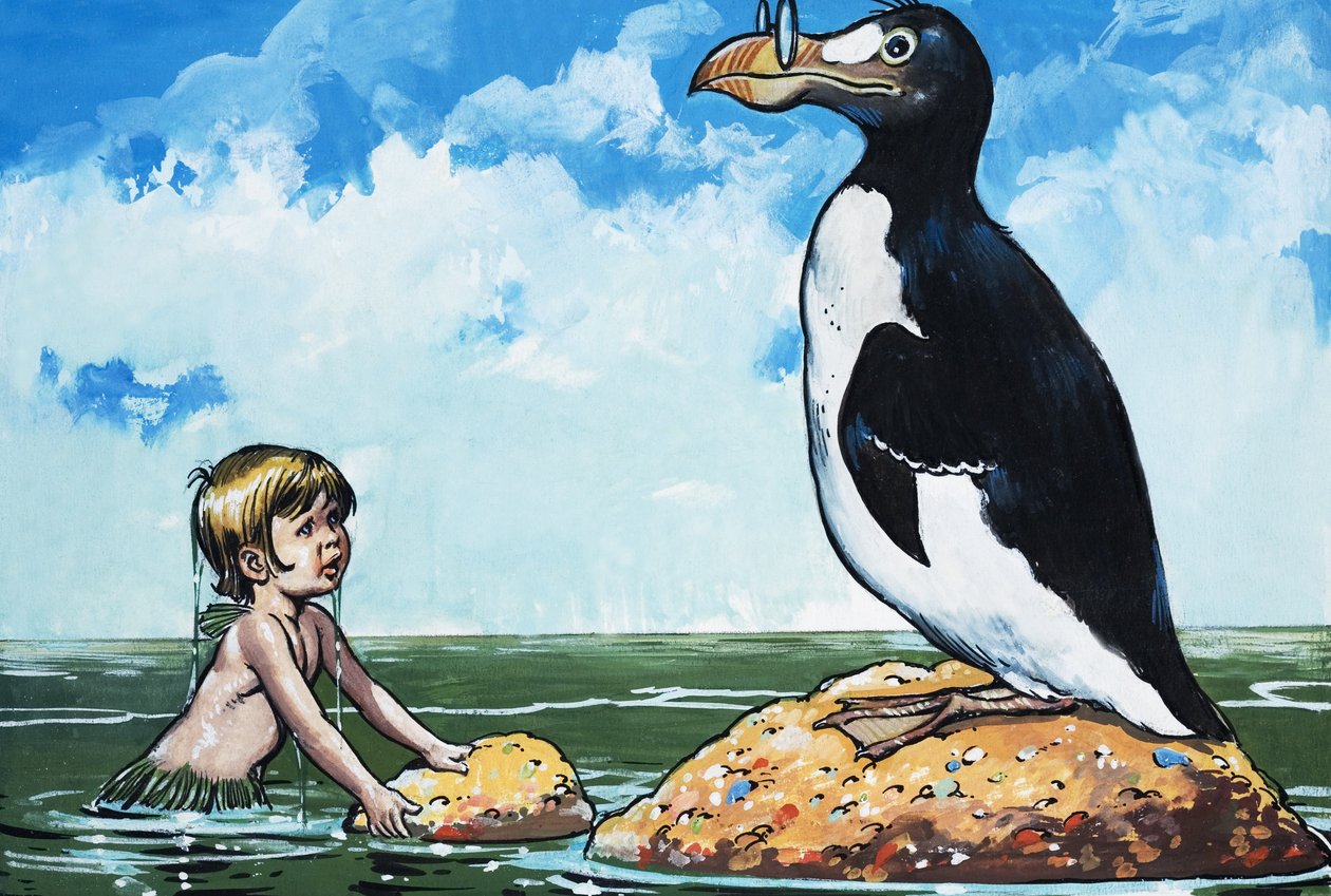 Boy and A Garefowl, ilustracja z "The Water Babies" Charlesa Kingsleya (gwasz na papierze) autorstwa Jesus Blasco