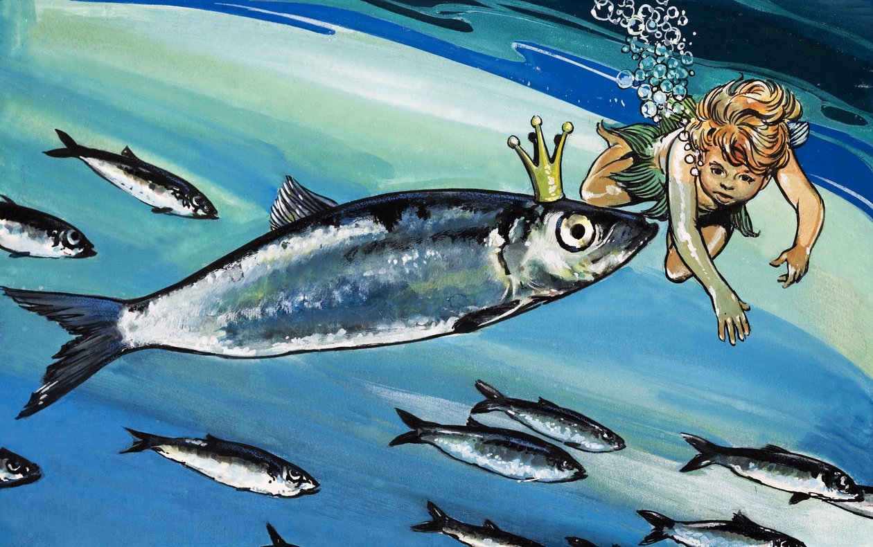 Chłopiec pływający z rybą, ilustracja z "The Water Babies" Charlesa Kingsleya (gwasz na papierze) autorstwa Jesus Blasco
