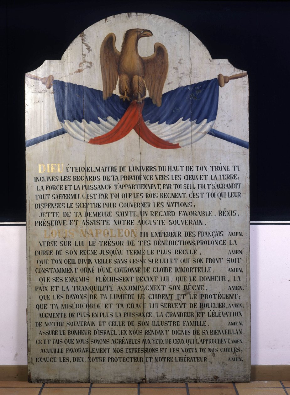 Napis na desce: Modlitwa żydowska po francusku za cesarza Napoleona III. XIX-wieczna Alzacja autorstwa Jewish School