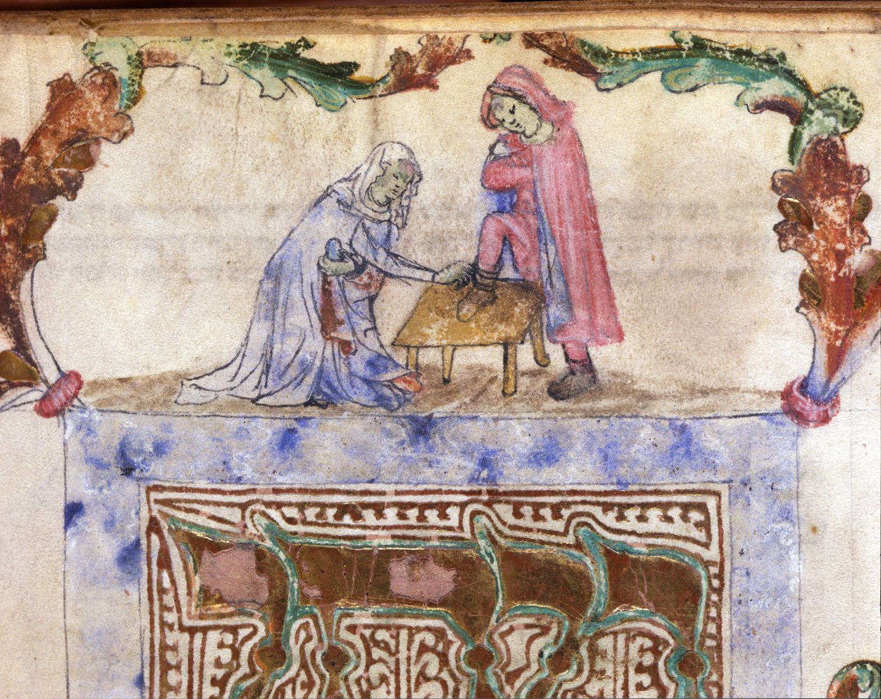 Judaizm: hebrajski obrzęd mycia stóp (ablucji) podróżnika. Miniatura z XIV-wiecznego rękopisu hebrajskiego. Biblioteca Palatina, Parma autorstwa Jewish School