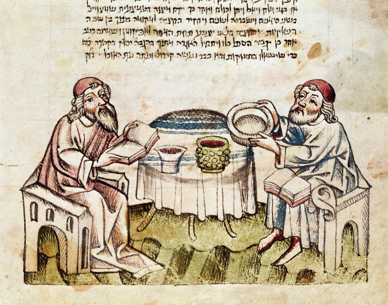 Judaizm: „”dwóch rabinów świętuje Wielkanoc z odprawą sederu”” Miniatura z Mahzoru (modlitewnik w języku hebrajskim) XV-wieczna Parma, Biblioteca Palatina autorstwa Jewish School