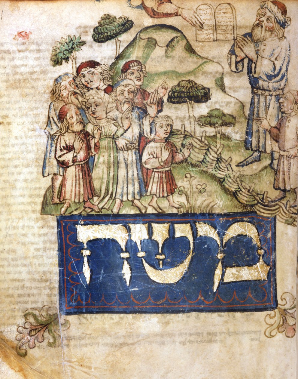 Mojżesz otrzymuje tablice Prawa (a Mojżesz pisze po hebrajsku). Miniatury z XIV-wiecznej Biblii hebrajskiej. Muzeum Hebrajskie autorstwa Jewish School