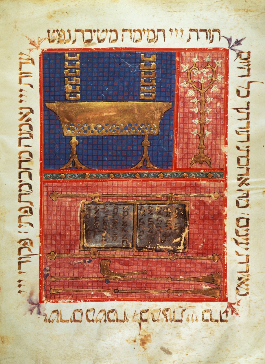 Strona rękopisu Biblii hebrajskiej. Obiekty kultu. Oświetlenie z XIV wieku. autorstwa Jewish School