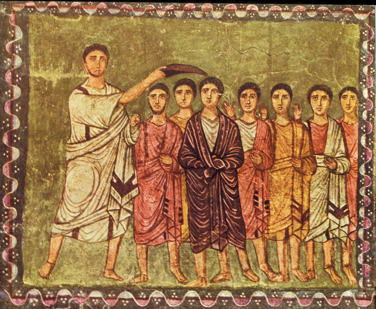 Samuel namaszcza Dawida (tempera na tynku) autorstwa Jewish School