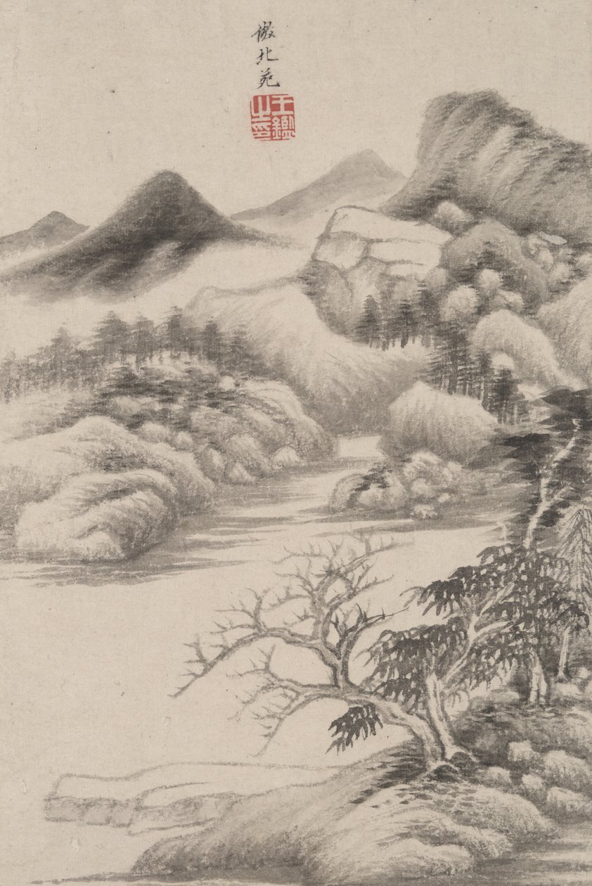 Krajobraz w stylu różnych dawnych mistrzów: w stylu Dong Yuan, 1669 (tusz i kolor na papierze) autorstwa Wang Jian