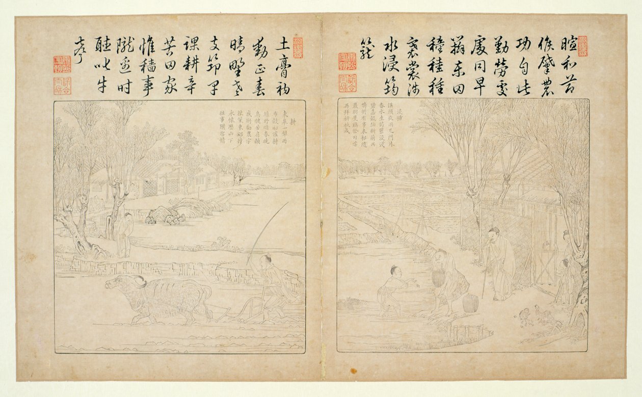 Yuzhi gengzhi tu (ilustracja uprawy i tkania) 1696 (drewnodruk) autorstwa Jiao Bingzhen