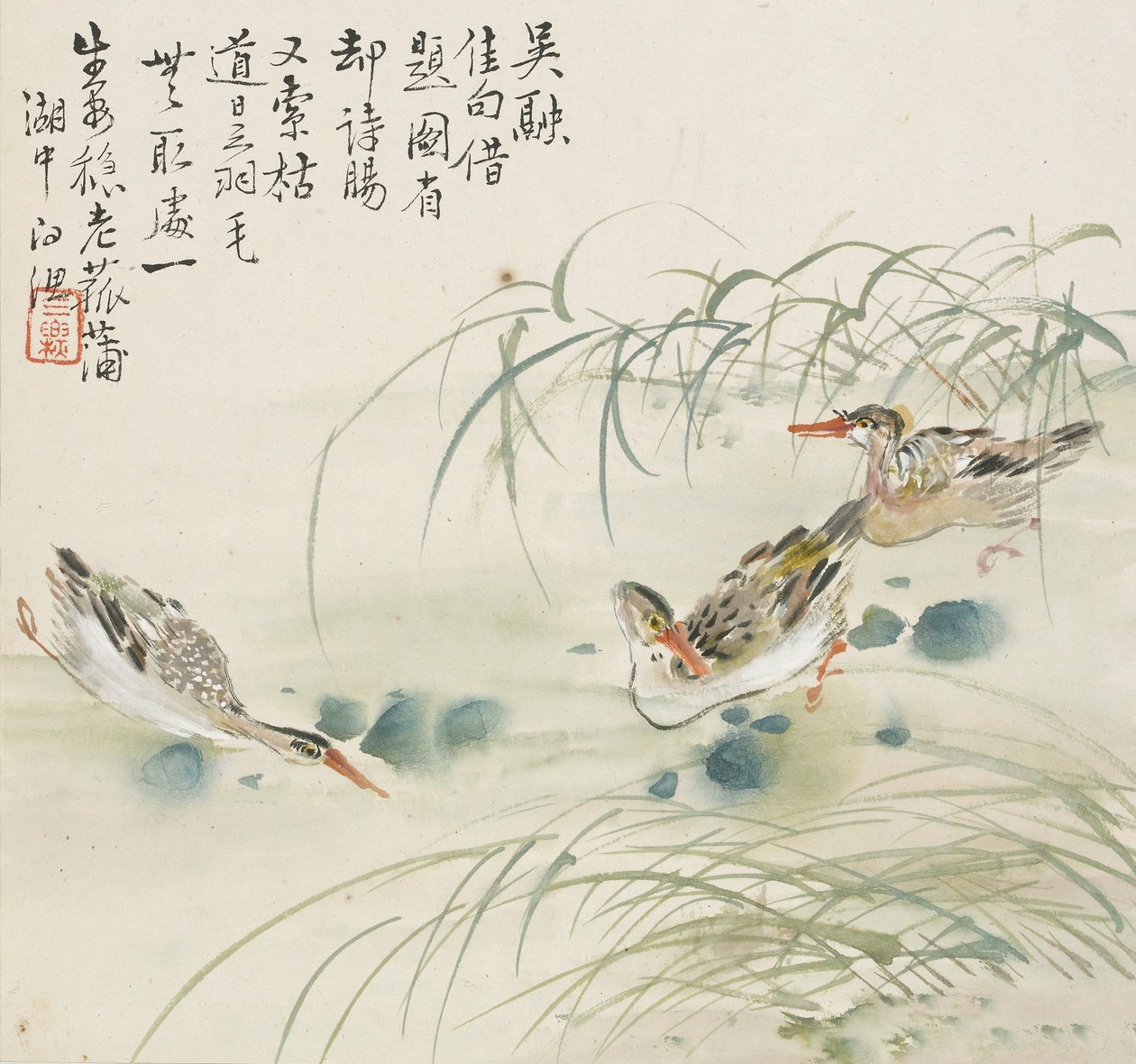 Trzy kaczki pływające w basenie, 1857 autorstwa Jin Yuan