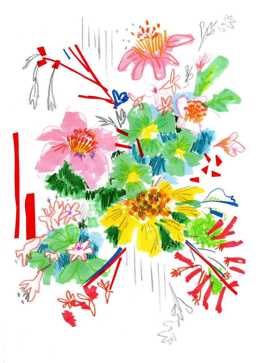 Szkic kwiatowy 2, 2014 (pióro i tusz, kolaż na papierze) autorstwa Jo Chambers