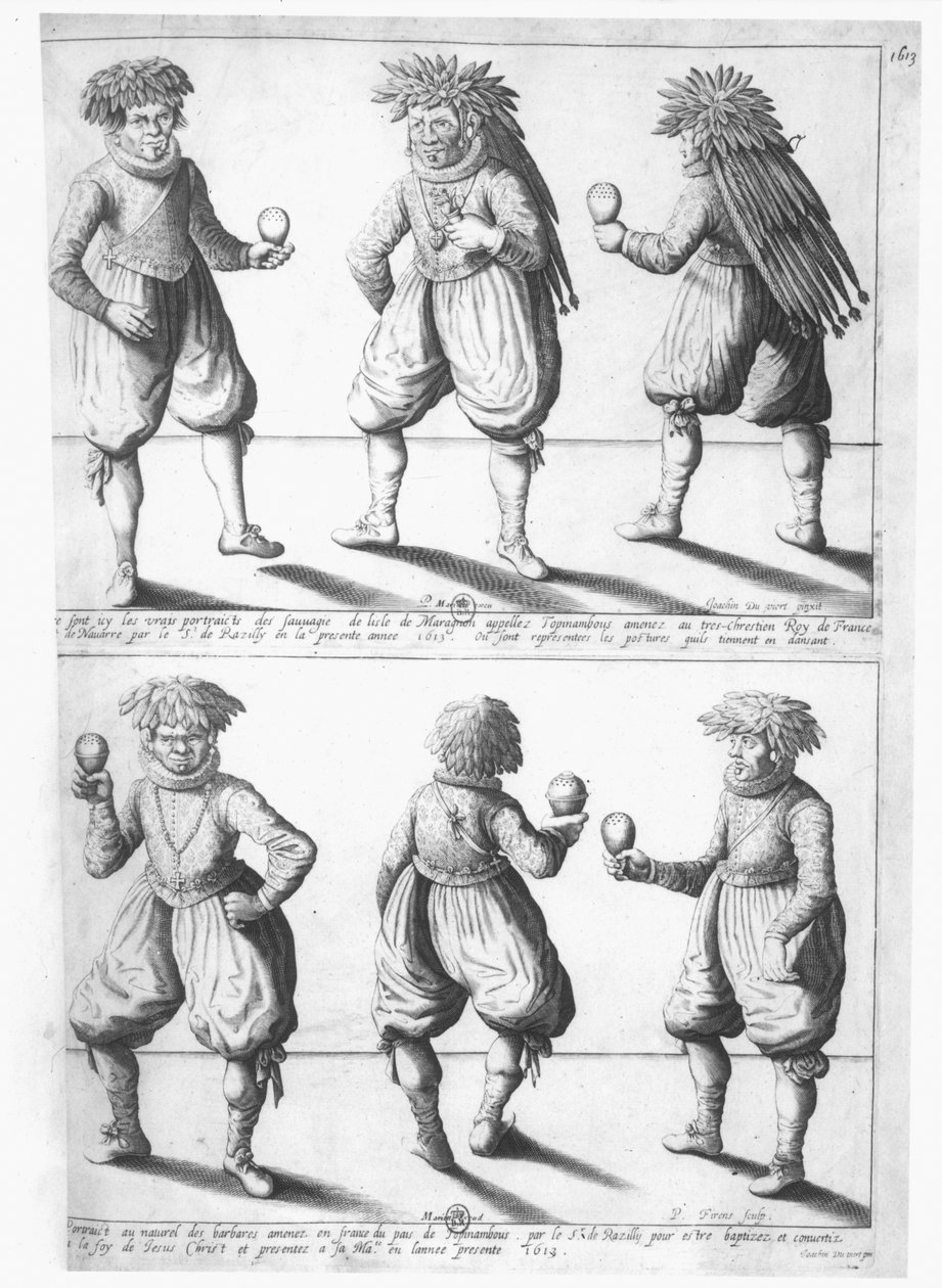 Członkowie plemienia Tupinambras zabrani do króla Francji w Paryżu na chrzest i nawrócenie na chrześcijaństwo, 1613 autorstwa Joachim Duviert