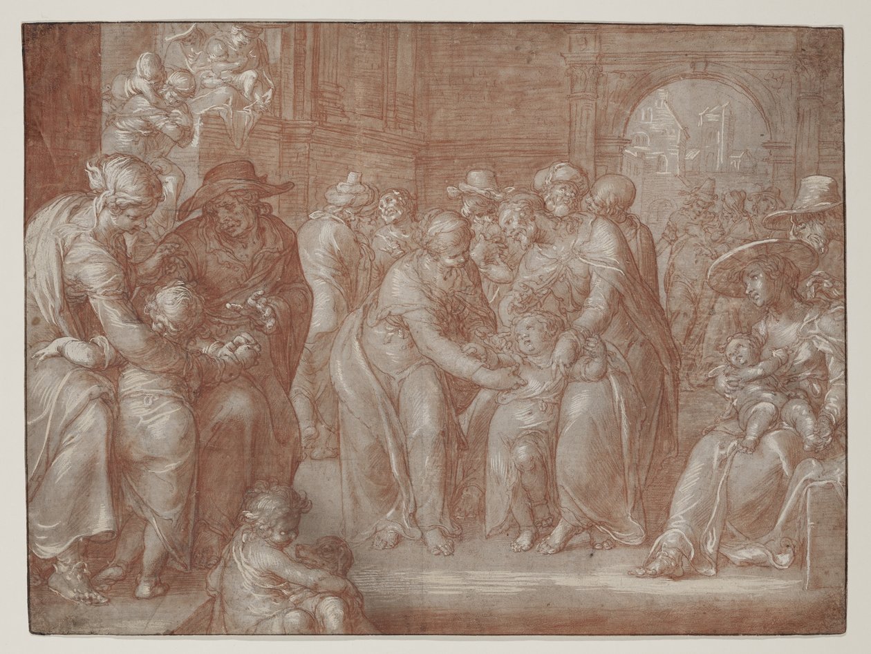 Pozwólcie małym dzieciom przyjść do mnie, ok. 1621 (czerwona kreda na czarnej kredzie, podkreślona bielą na papierze) autorstwa Joachim Wtewael or Utewael